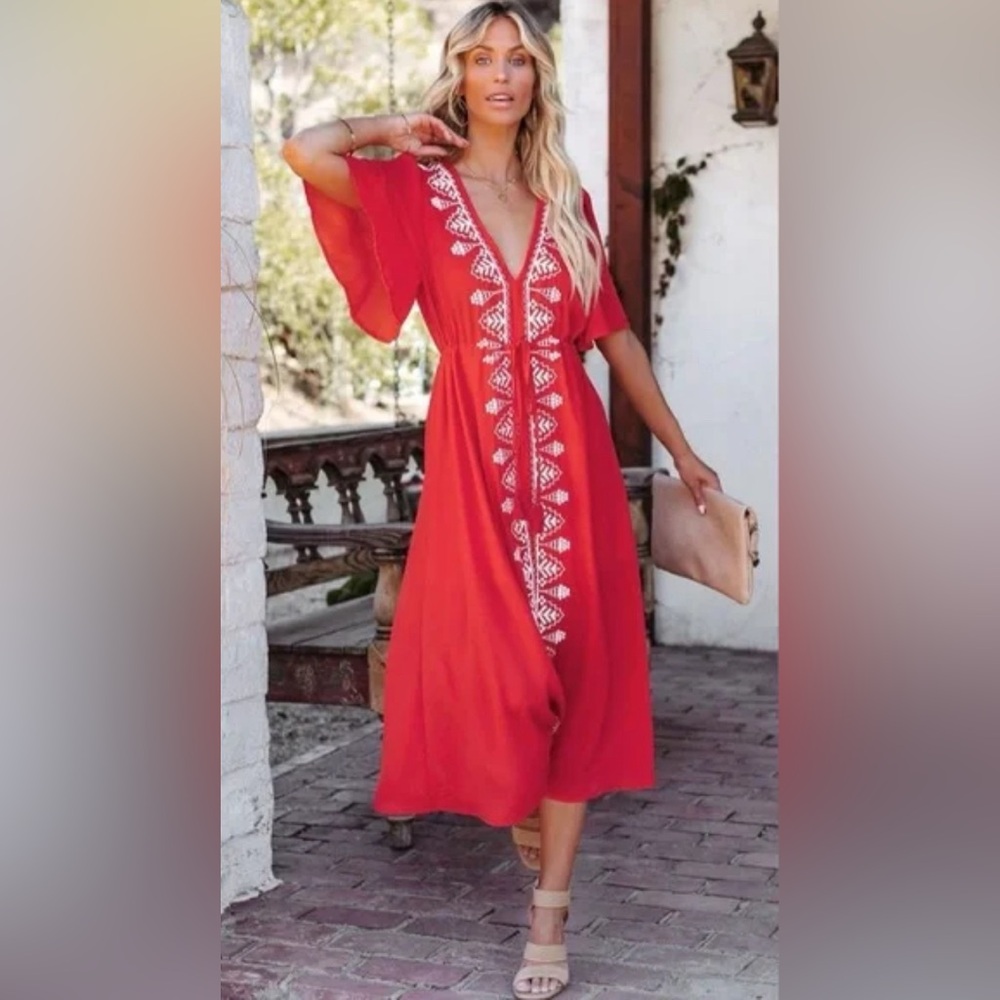 VICI - Strut and Bolt Presidio Embroidered Tassel Midi Dress - Tomato Red